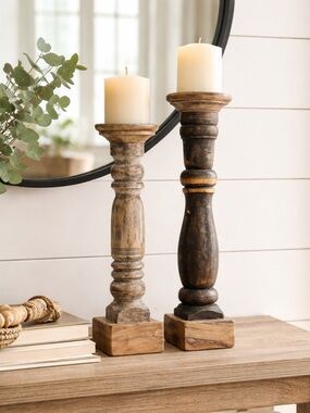 Caldwell Rustic Wooden Candle Stands - Set of 2